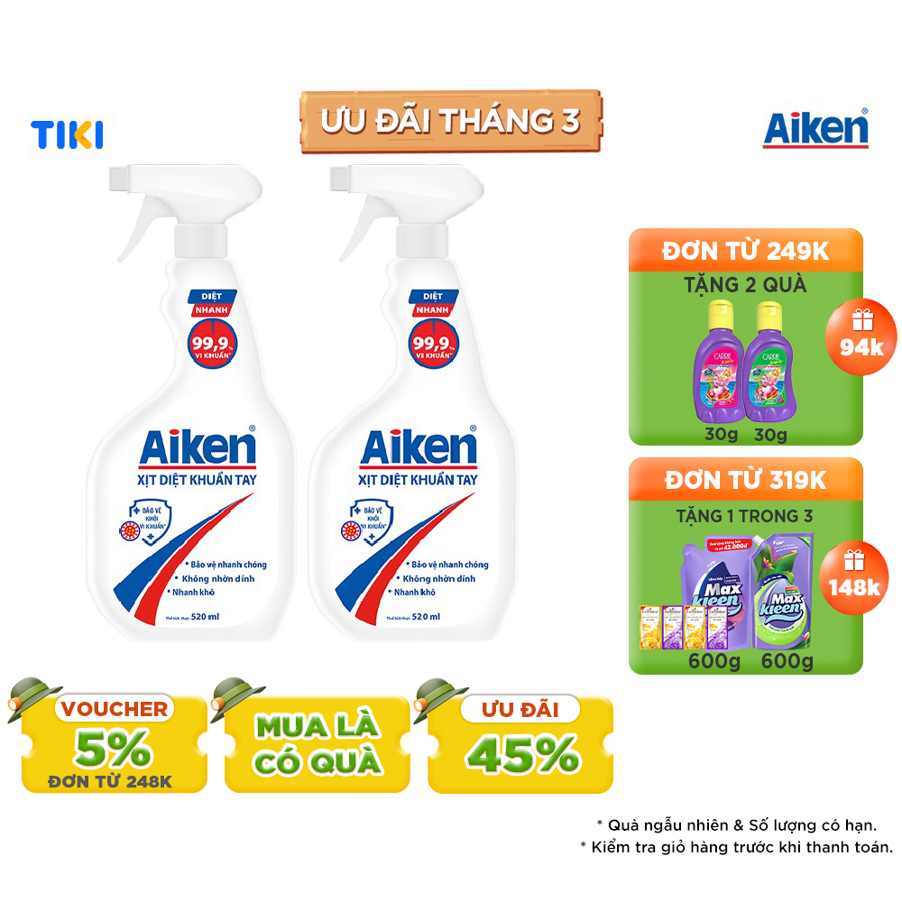 Combo 2 Xịt Diệt Khuẩn Tay Aiken 520ml