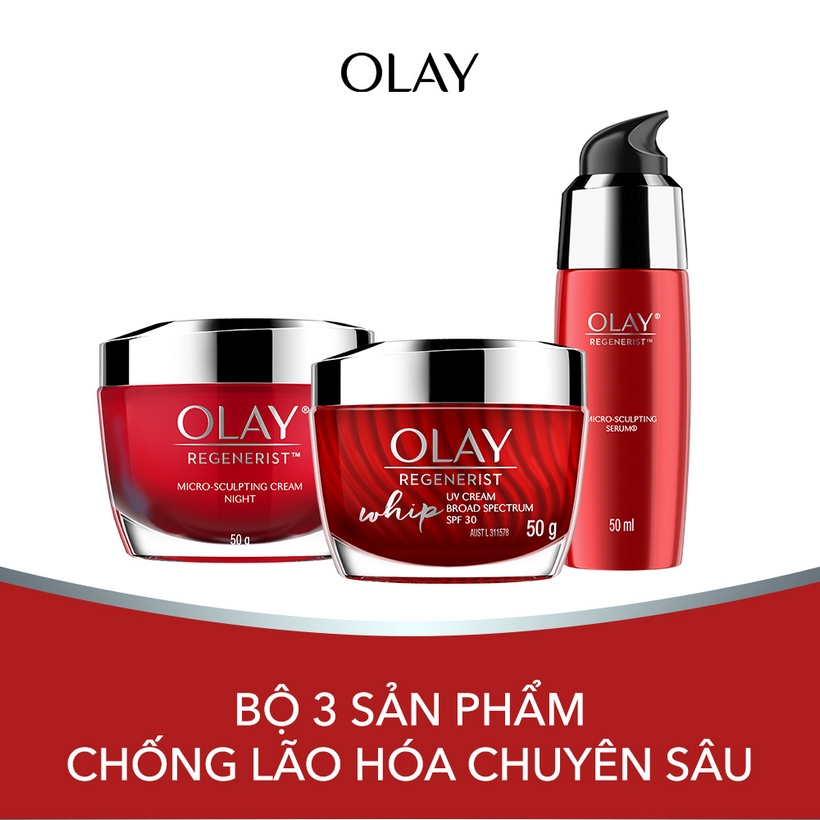 Bộ 3 Sản Phẩm Chống Lão Hóa Chuyên Sâu: Combo Kem Dưỡng Da Ban Đêm Olay Regenerist + kem OLAY WHIP UV Regenerist  + Tinh Chất Vi Dưỡng Olay Regenerist 50ml