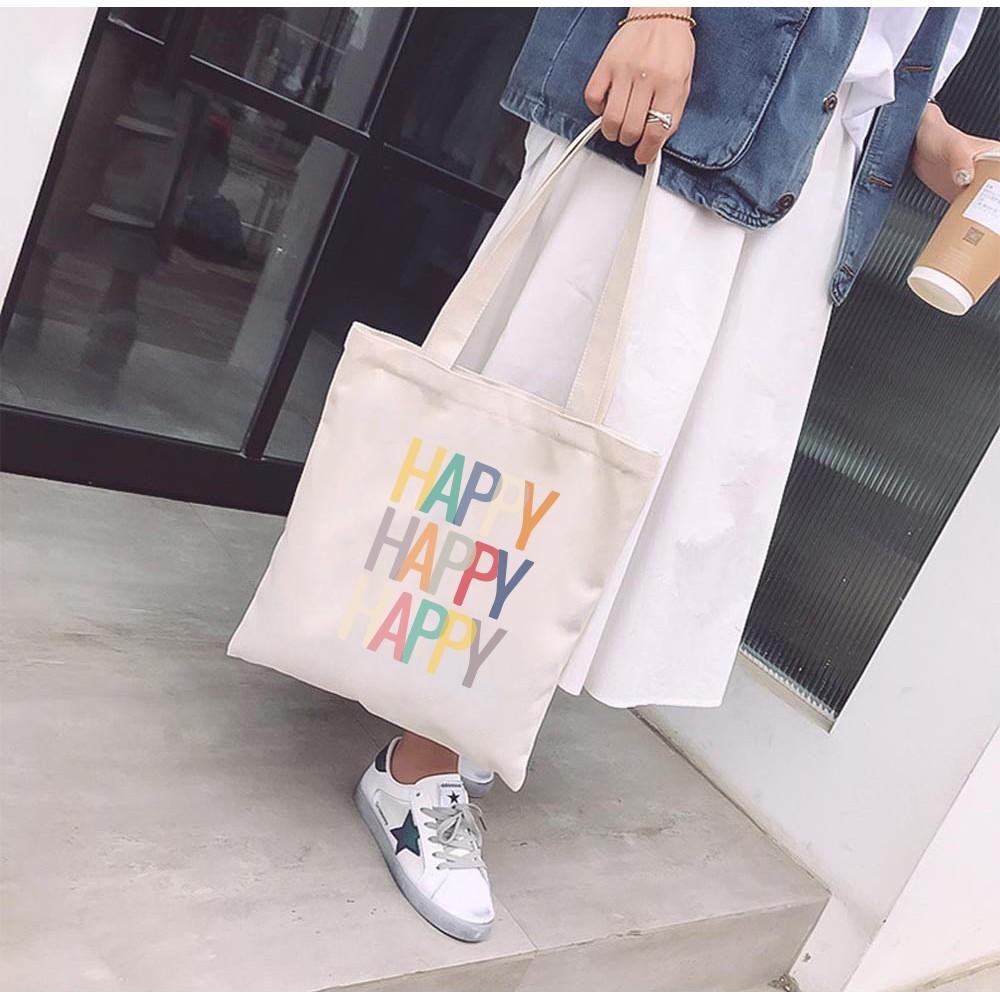 Túi Tote Vải Mộc Ginko kiểu basic có dây kéo khóa miệng túi đựng vừa laptop 14 inch và nhiều đồ dùng khác In Hình HAPPY HAPPY Retro Style M25