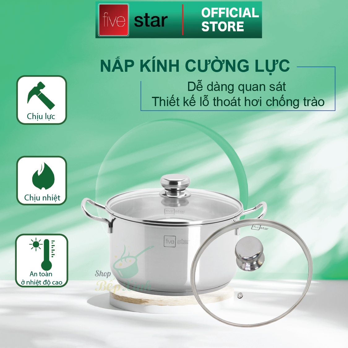 Bộ nồi inox và xửng hấp inox 430 cao cấp Fivestar Standard 4 món nắp kính tặng 2 muỗng canh