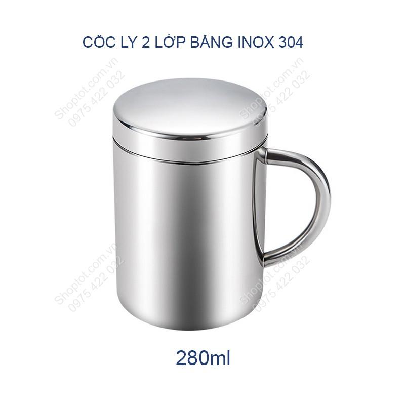 CỐC BẰNG INOX 304 LOẠI 2 LỚP CHỐNG NÓNG 280ML, CÓ NẮP ĐẠY 2 LỚP