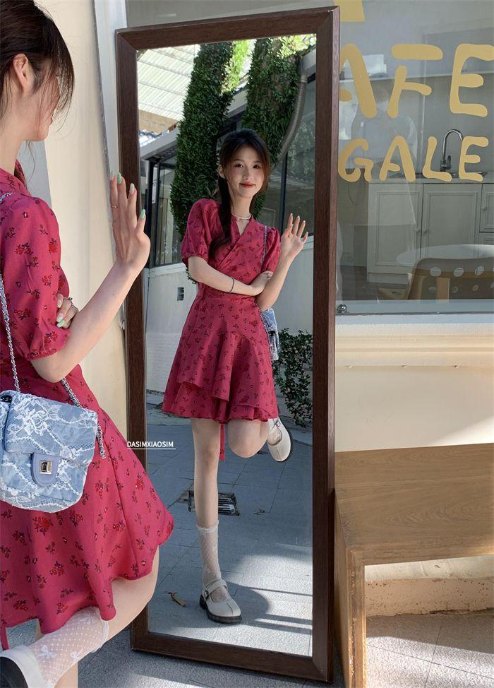 TOBE1SHOP v cổ mảnh hoa đầm cho phụ nữ nhỏ 2023 mùa hè Pháp trà nghỉ khí chất thắt lưng hiển thị gầy một chữ a váy