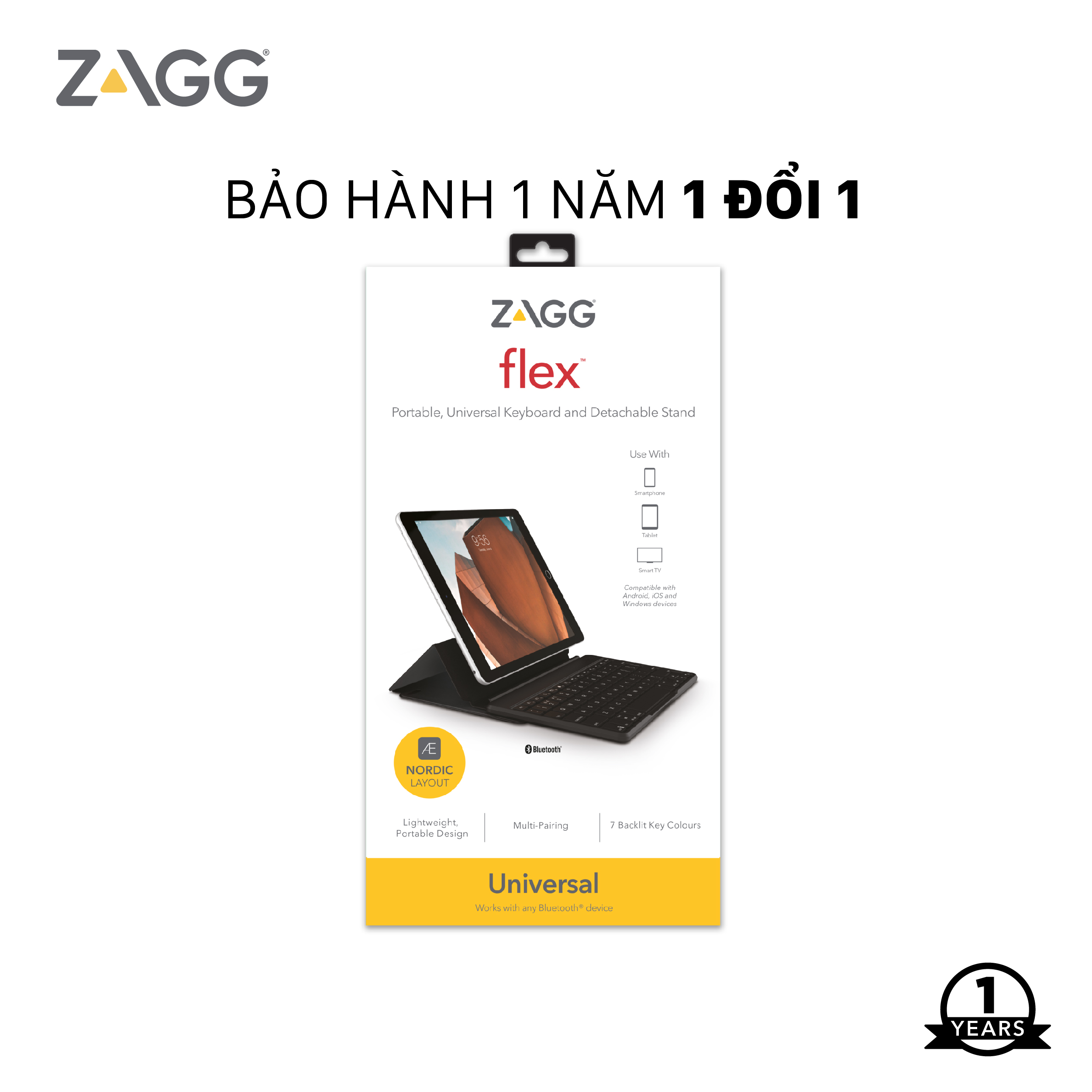 Bàn phím Bluetooth ZAGG 7 màu Backlit Keyboard - Fabric Stand Flex - Hàng chính hãng