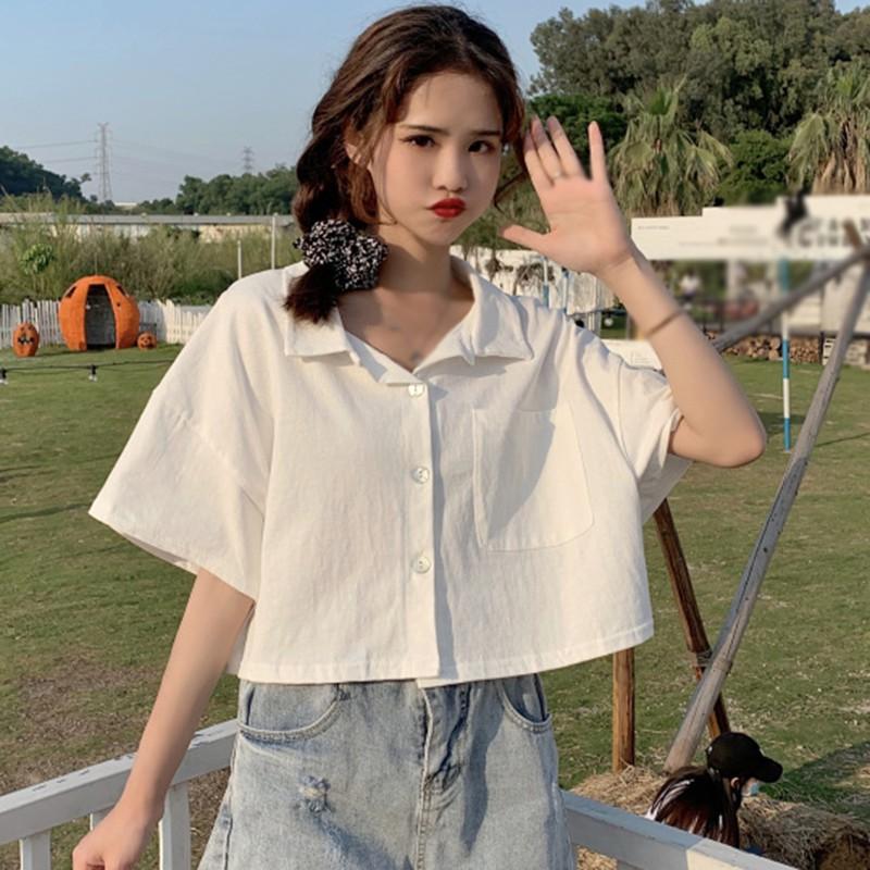 Áo Kiểu Tay Ngắn Dáng Rộng Màu Trơn Thiết Kế Thanh Lịch Cho Nữ