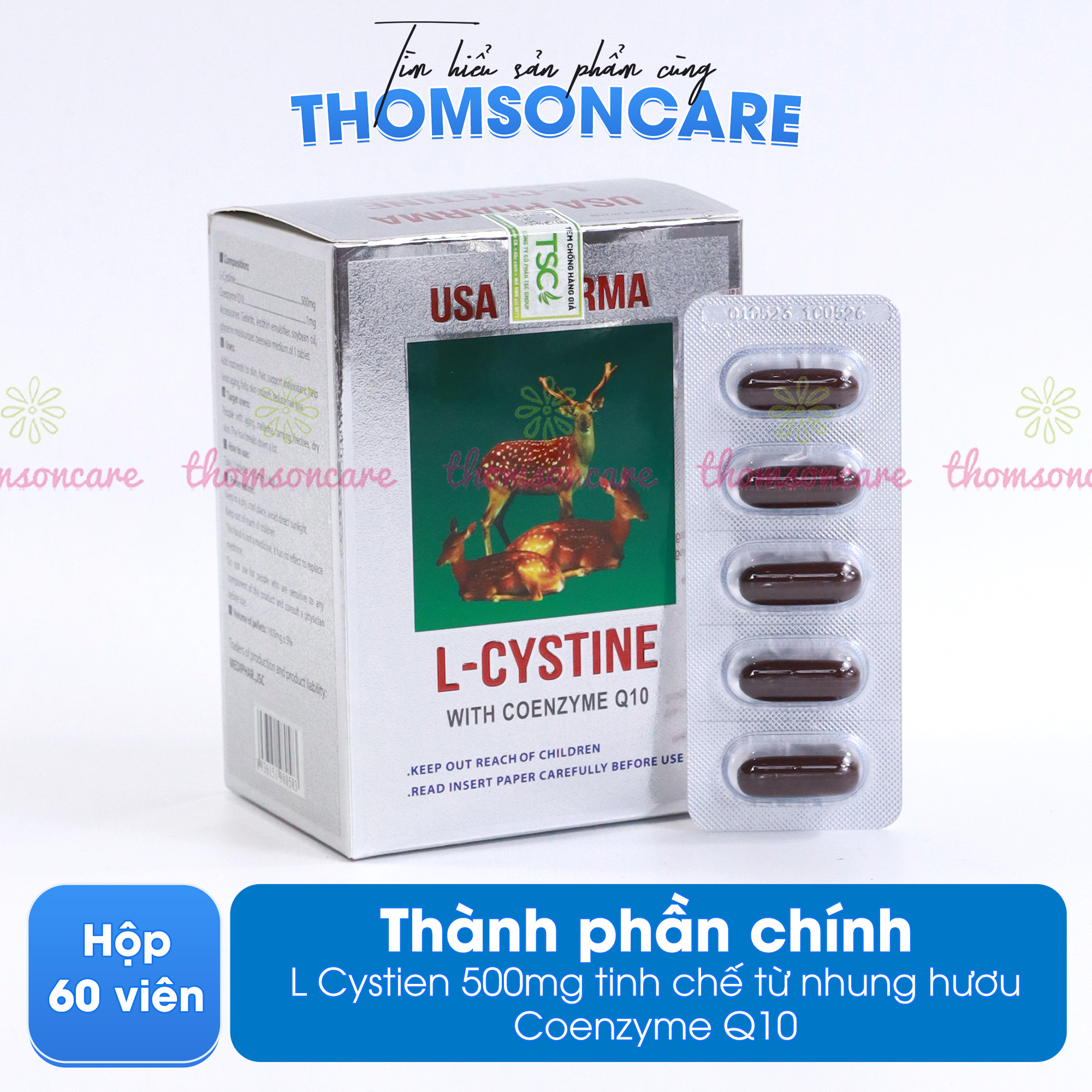 Combo viên uống cho người bị mụn, rụng tóc nhiều - Lcystine 60v, DHC Biotin 30v, DHC Kẽm 30v - (Liệu trình 1 tháng) - Giúp bổ sung dưỡng chất cho da và tóc, tóc chắc khoẻ và bổ sung vitamin c, kẽm  Thomsoncare