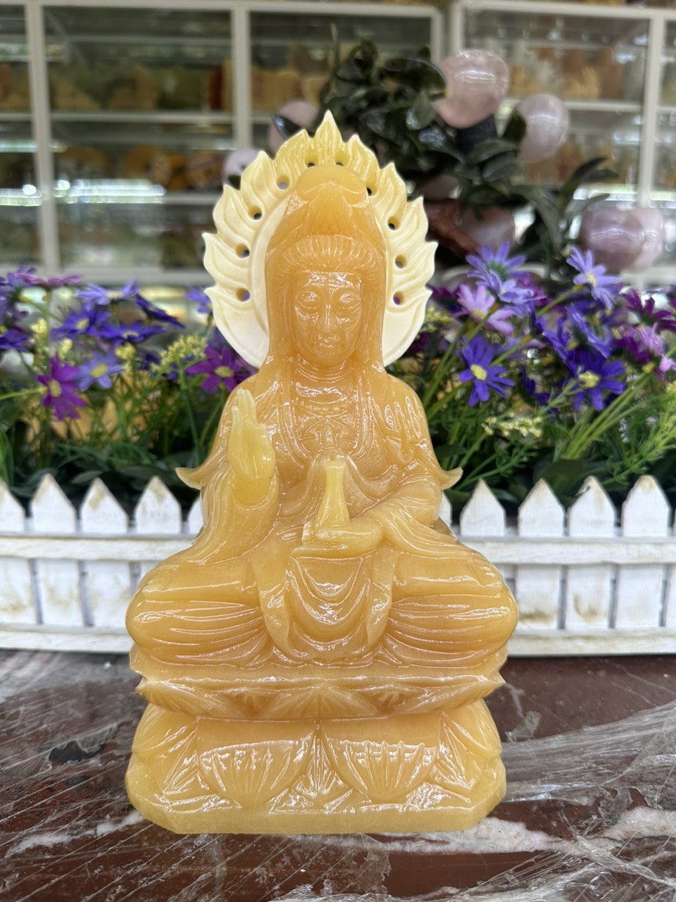 Tượng Phật Bà Quan Âm ngồi đài sen đá ngọc hoàng long - Cao 25 cm