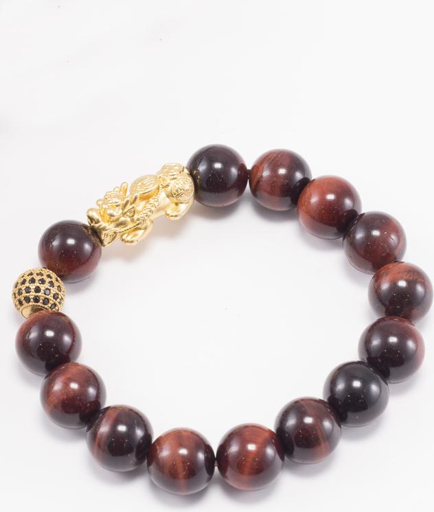 Vòng Tay Nam Đá Mắt Hổ Nâu Đỏ Phối Tỳ Hưu Bạc Mạ Vàng 24K Ngọc Quý Gemstones