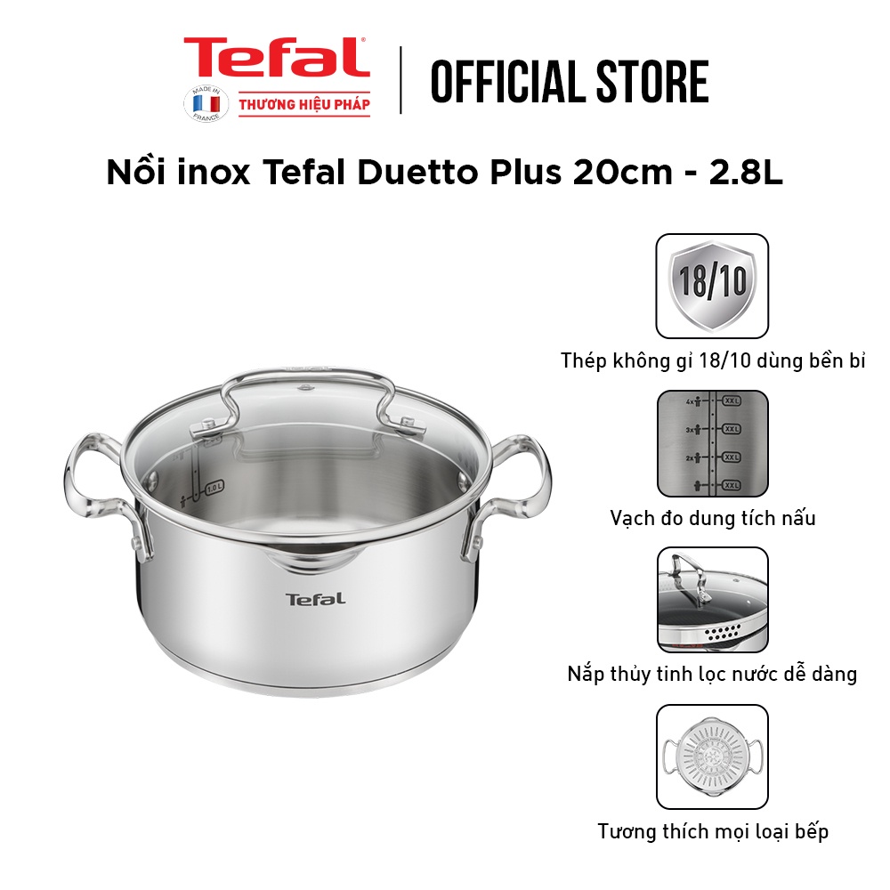 Bộ 3 nồi inox Tefal Duetto Plus (Quánh 16cm - 1.4L, Nồi 20cm - 2.8L, Nồi 24cm - 4.9L) - Hàng chính hãng