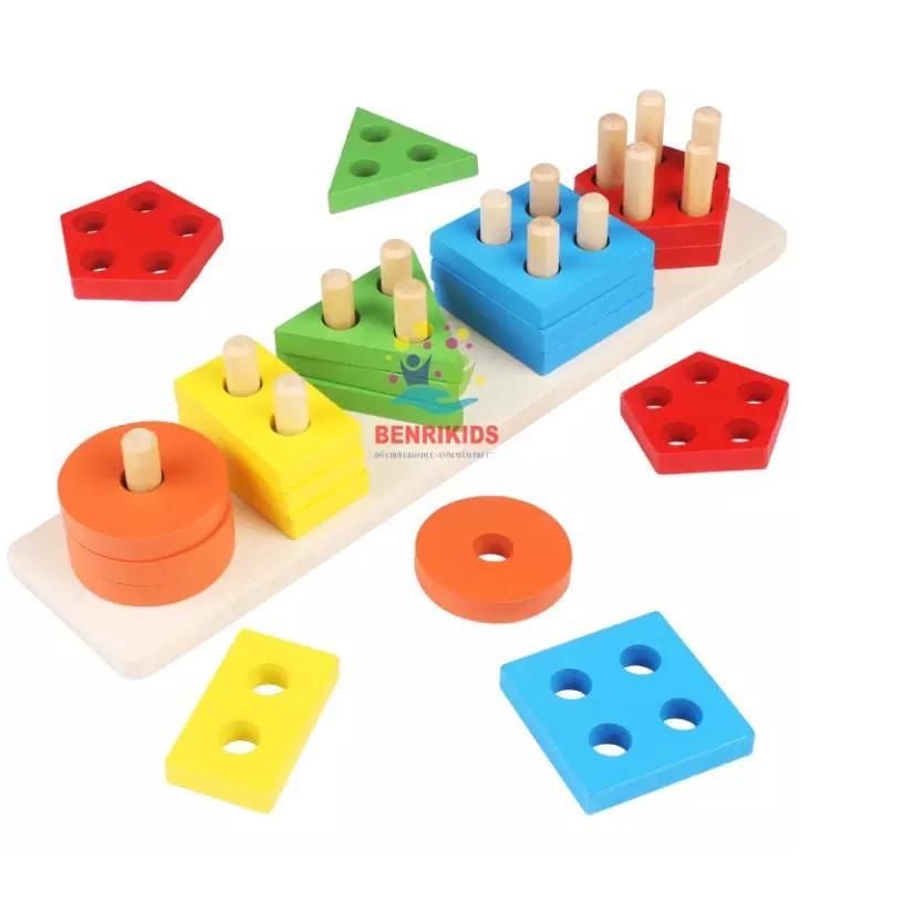 Giáo Cụ Montessori Thả Hình Khối Trên Thanh Bằng Gỗ Cho Bé