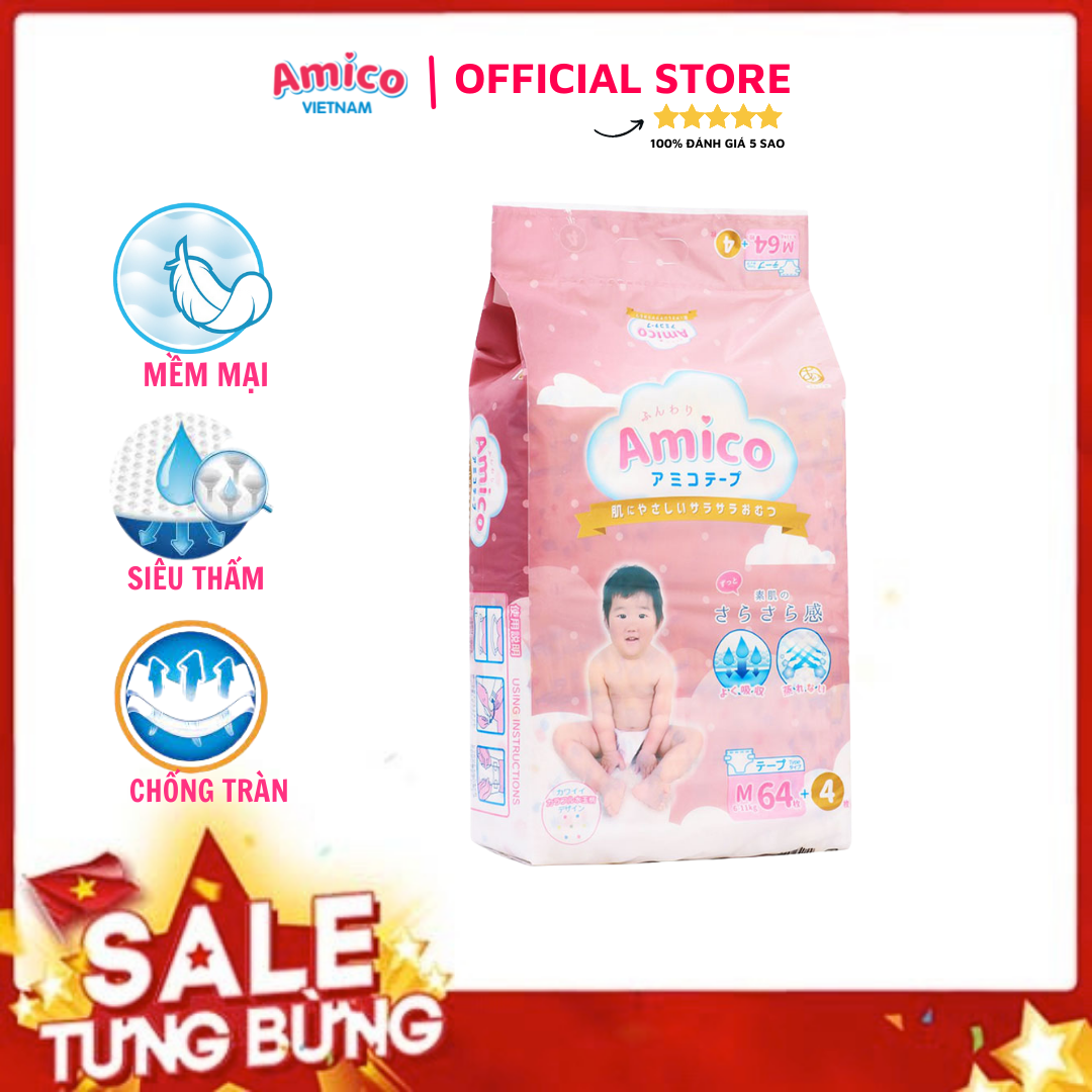 Bỉm - Tã dán Amico size M 64 + 4 miếng (Cho bé 6 - 11kg)