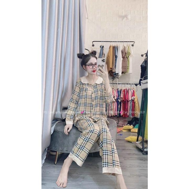 Bộ Đồ Bầu Ngủ Bộ Pijama Bầu Lụa Gấm Có Cổ, Bộ Bầu Và Sau Sinh Kết Hợp Áo Ngực Cho Con Bú Dài Tay