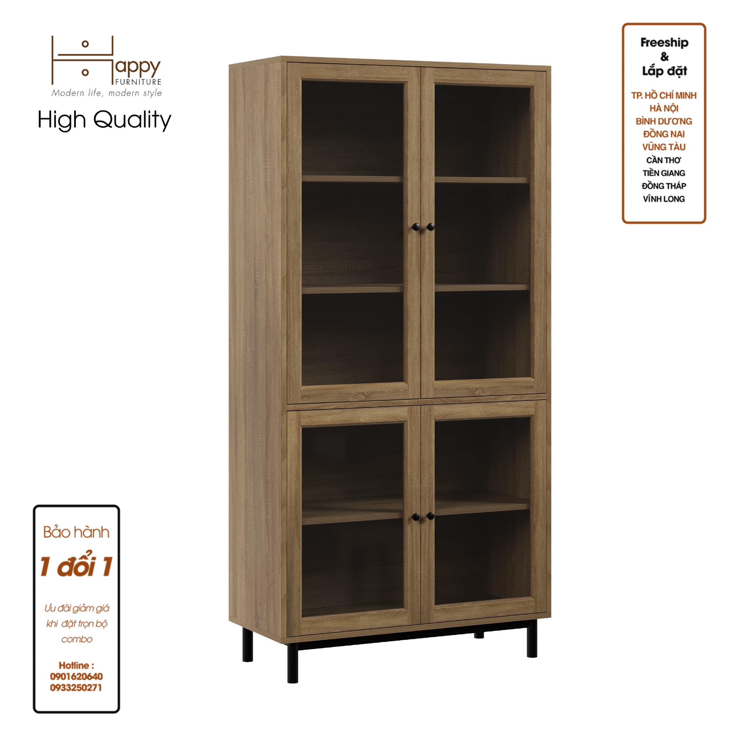 CATY , Kệ sách 5 tầng cửa kính - chân sắt , 90cm x 39cm x 180cm , KSA_020