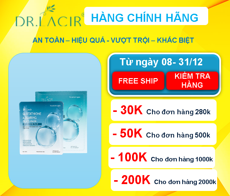 Mặt Nạ Glutathione Thuỷ Tinh Căng Bóng, Trắng Da, Mờ Nám, Giảm Nhăn - Dr. Lacir - Chính Hãng Hàn Quốc Khóa M