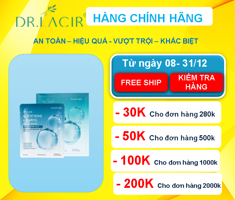 [[Mặt Nạ Dưỡng Da Căng Bóng, Cấp Nước, Thu Nhỏ Lỗ Chân Lông, Dưỡng Trắng, Kiểm Soát Dầu, Ngừa Mụn]]- Mặt Nạ Glutathone Thuỷ Tinh Căng Bóng Dr Lacir- Chính Hãng Hàn Quốc