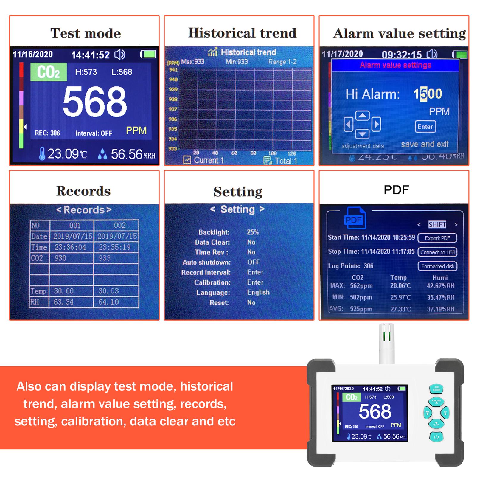 3.2inch TFT Full Color Display Carbon Dioxide Detector Portable CO2 Tester Rechargeable Air Quality Meter with Storage