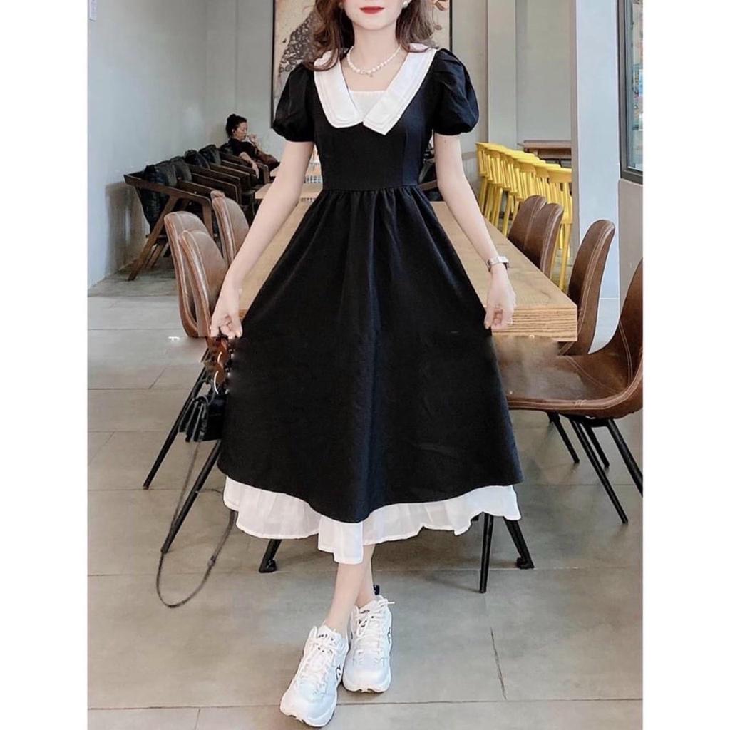 Đầm đen cổ trắng 3 lớp đuôi cá trắng tay bo ngắn chân bèo voan trắng