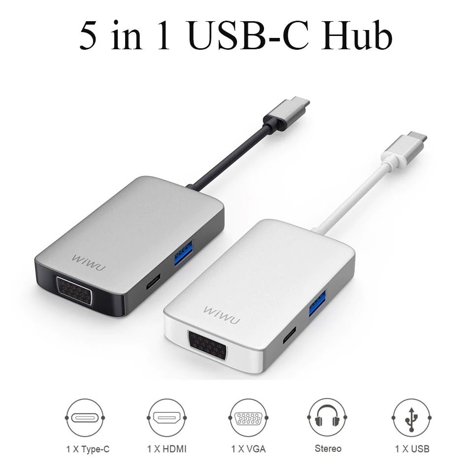 CỔNG CHUYỂN WIWU 5IN1 ALPHA USB-C Hub A513HVP HDMI 4K VGA USB 3.0 Jack 3.5mm PD 87W Hỗ Trợ Cho Các Dòng Ipad Pro, Macbook, Smartphone Chất Liệu Vỏ Nhôm Nguyên Khối Cao Cấp - Hàng Chính Hãng