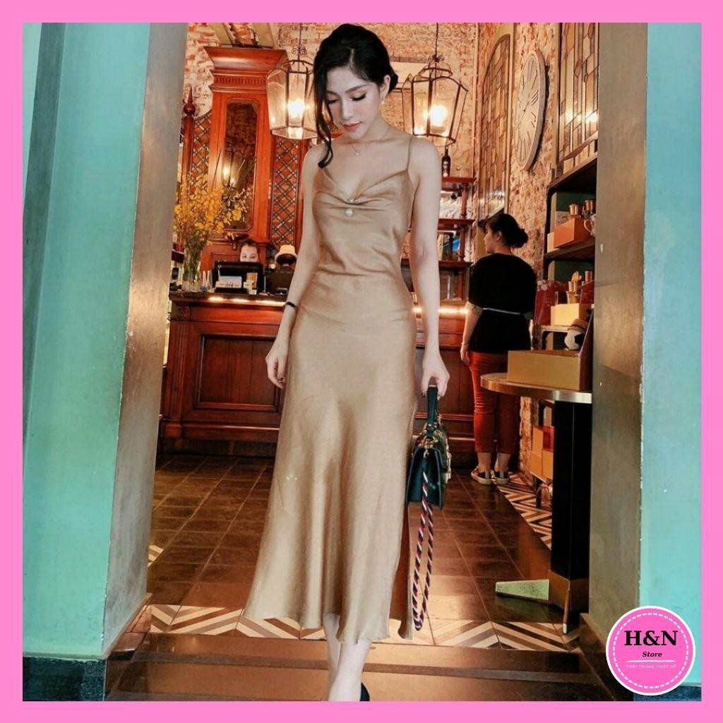 Váy thiết kế body 2 dây, váy lụa hai dây hở lưng, đính ngọc ngực - H&amp;N Store