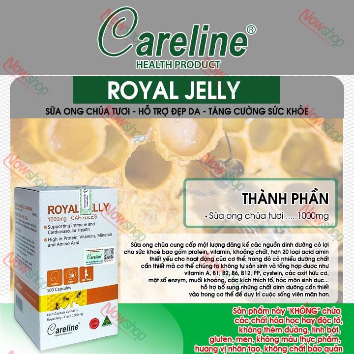 Viên uống sữa ong chúa tươi Careline Royal Jelly 1000mg Capsules tăng cường sức khỏe đẹp da móng tóc