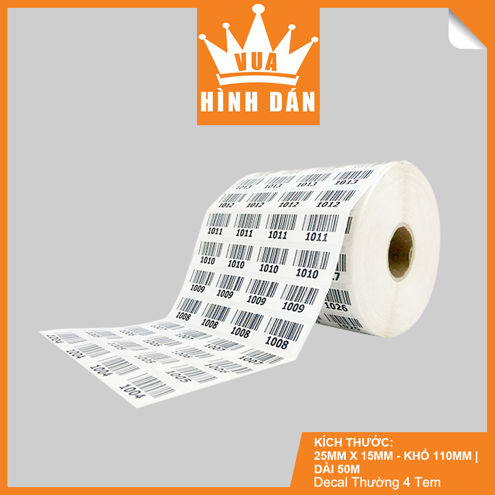 Decal Thường 25x15mm In Mã Vạch, In Tem Cuộn 50m, Khổ Giấy: 100mm