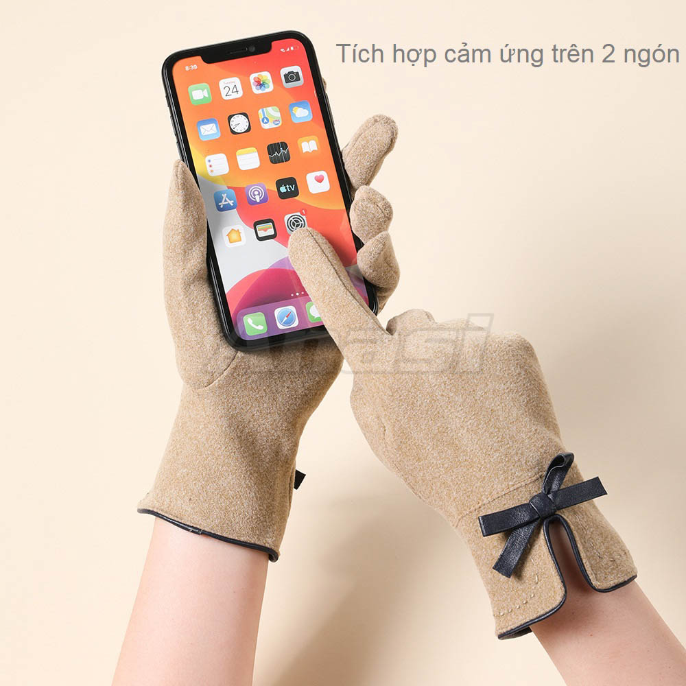 Găng tay chống nắng/ mùa đông cho nữ Anasi OLV14 đính nơ da - Vải dày dặn, tích hợp cảm ứng