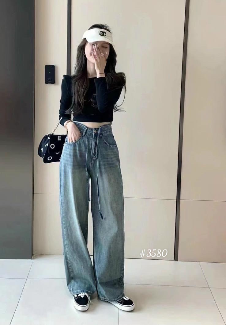 Quần baggy jean nữ ống rộng lưng cao cột dây , quần jean ống rộng kiểu dáng trẻ trung, form đẹp ulzzang nữ