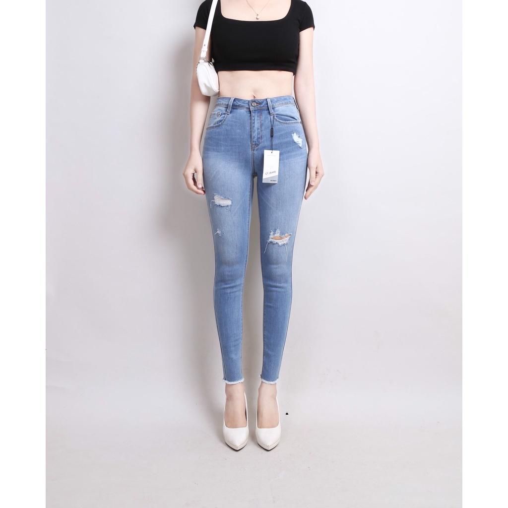 Quần Jean Nữ Skinny Cạp Cao co giãn Gấu Tua Rua Rách CT JEANS