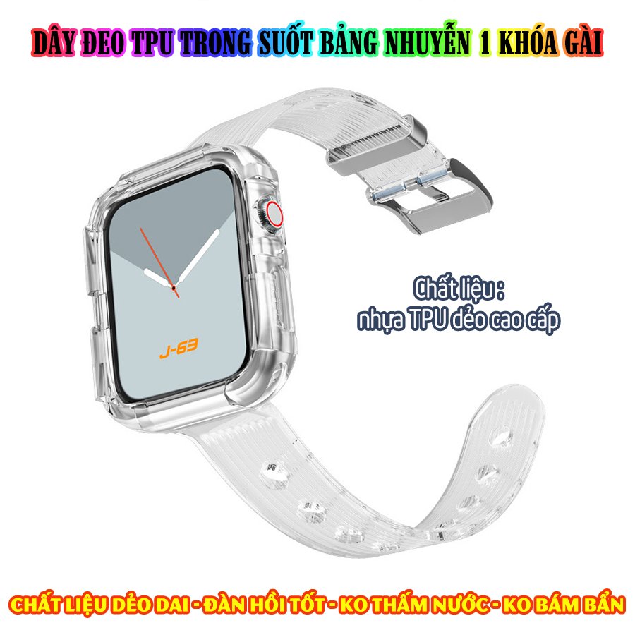 Dây Đeo liền ốp cho Apple Watch size 38/40/42/44mm TPU trong suốt nhuyễn 1 khóa gài_Đen Trong (tặng dán KCL theo size)