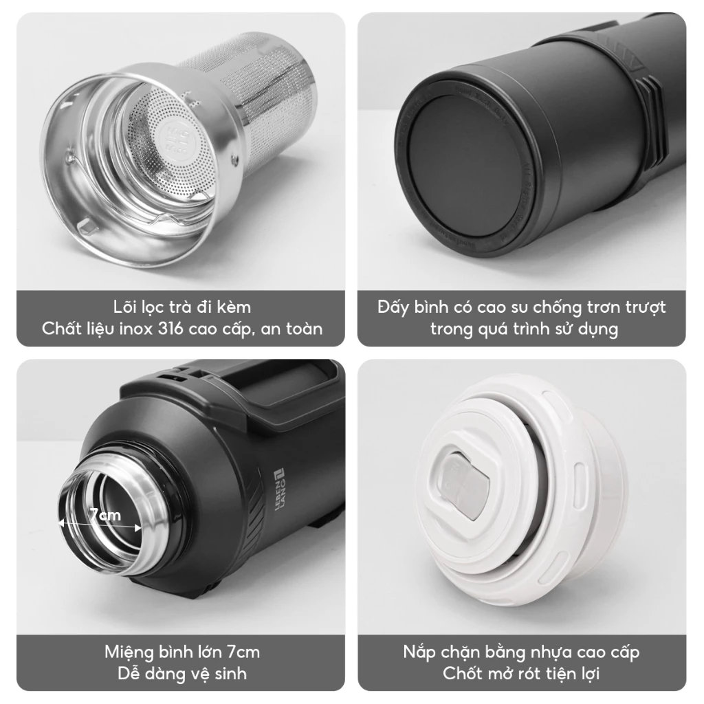 Bình giữ nhiệt Inox 316 Lê Bên Làng LBL3026/ LBL3025 dung tích 4L/ 6L có lõi lọc trà và dây đeo