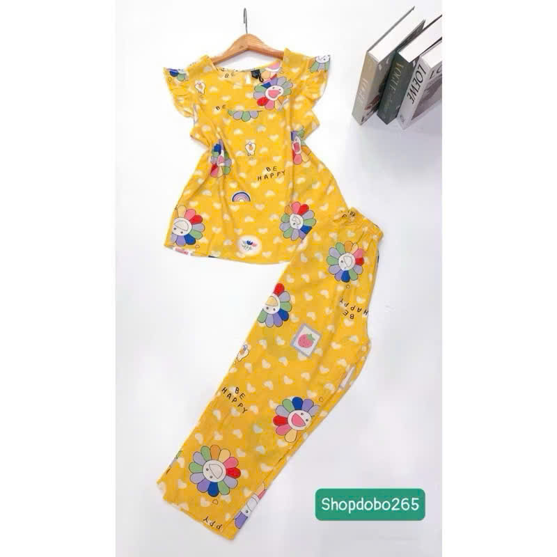 Đồ bộ nữ,đồ ngủ mặc nhà lửng 9 tấc tay cánh tiên vải lanh BL 57 họa tiết dễ thương size 51-70kg