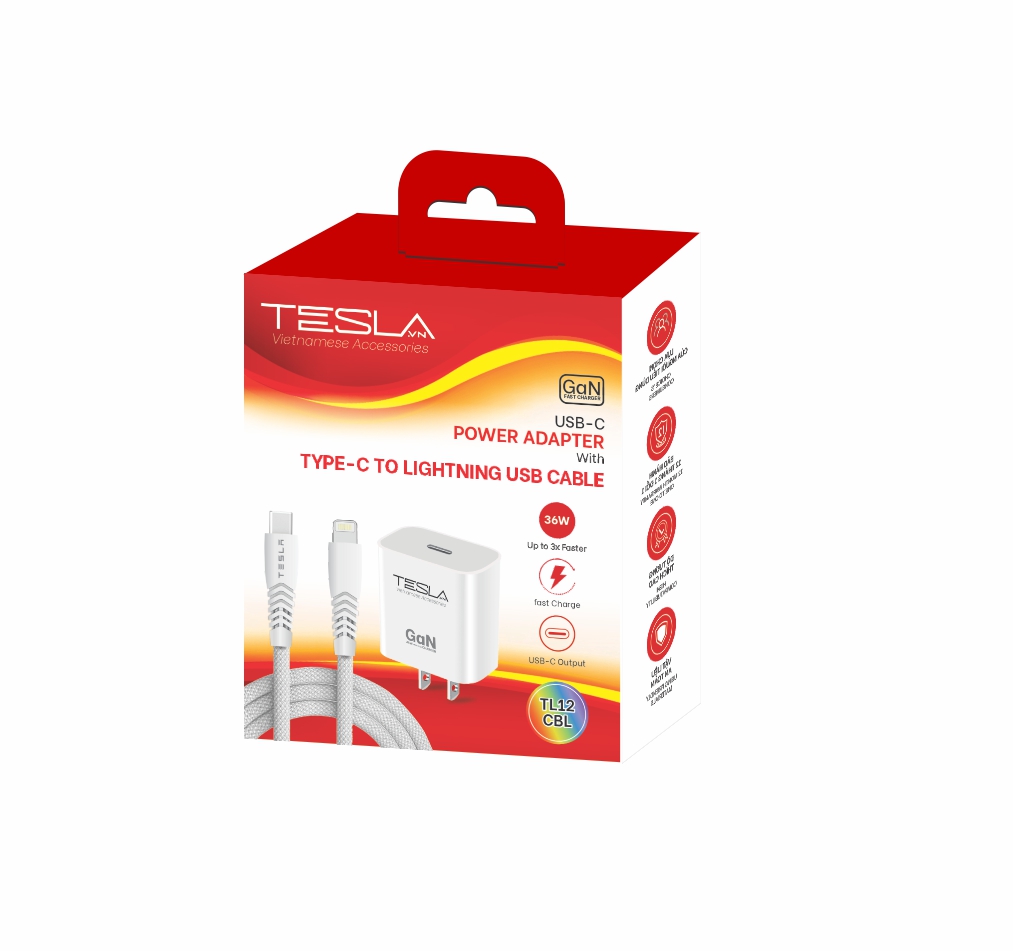 Combo sạc nhanh hàng chính hãng TESLA TL12CBL 36W GaN USB-C (C to L) | Bảo hành 12 tháng 1 đổi 1 | Made in Việt Nam