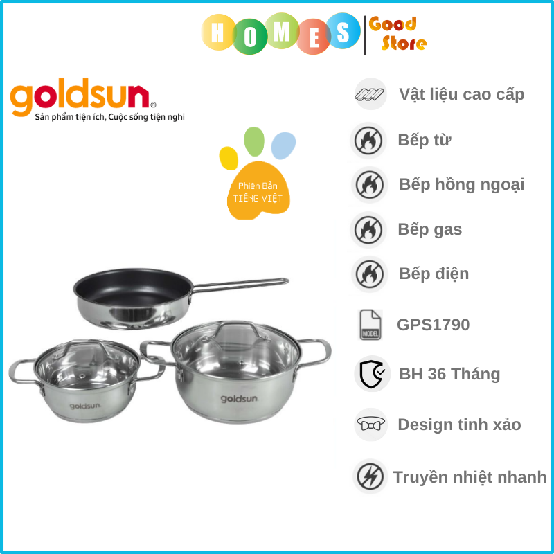 Bộ Nồi Chảo Inox Đáy Từ 3 Lớp GOLDSUN GPS1790, Inox Dập Nguyên Khối, Không Kén Bếp - Hàng Chính Hãng