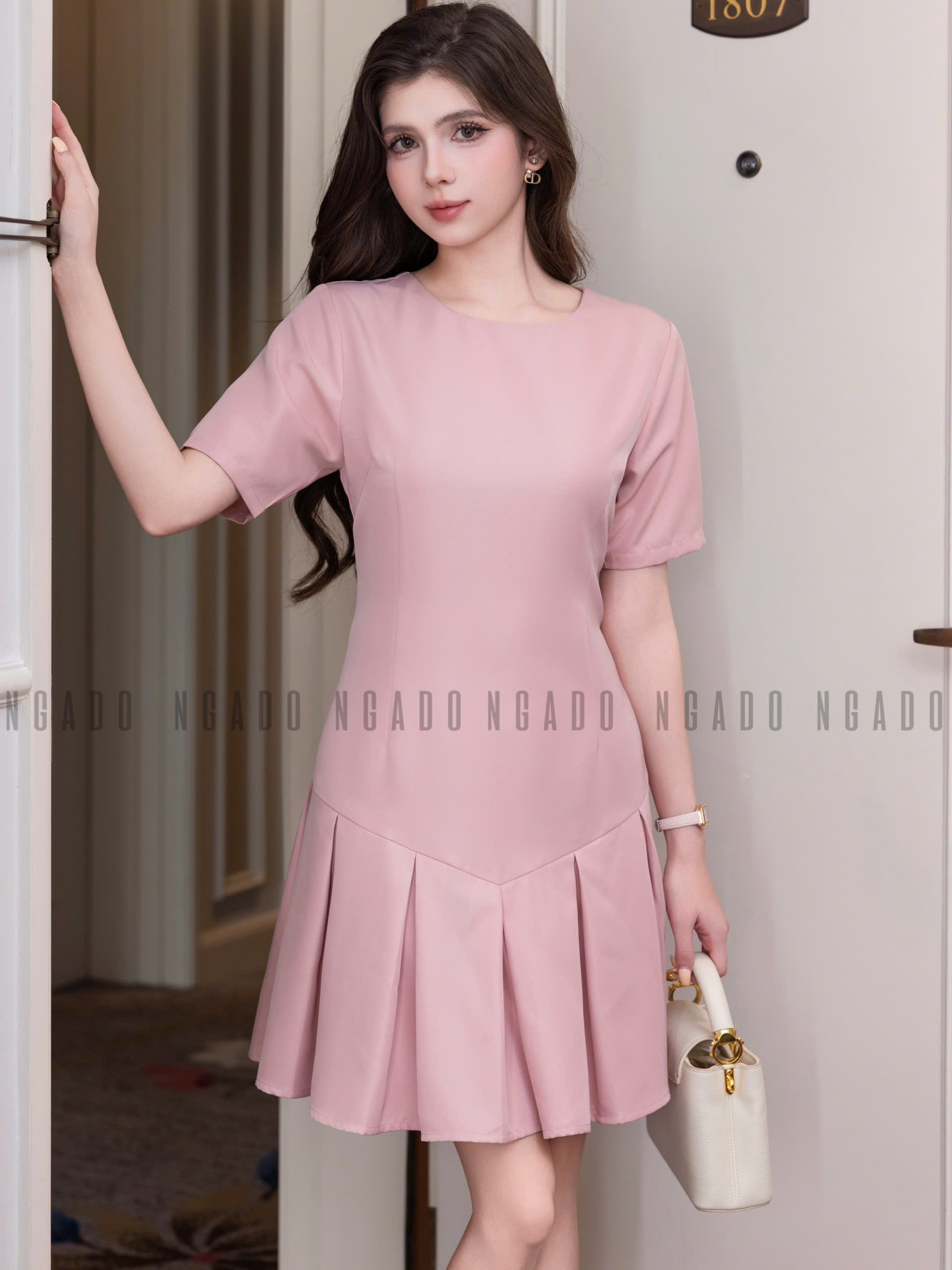 Đầm hồng suông dập ly NGADO , đầm suông , đầm kiểu Nữ , đầm công sở, dự tiệc