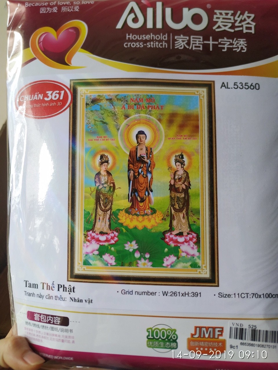 Tranh thêu chữ thập 3D Tam Thế Phật (70x100cm) chưa thêu