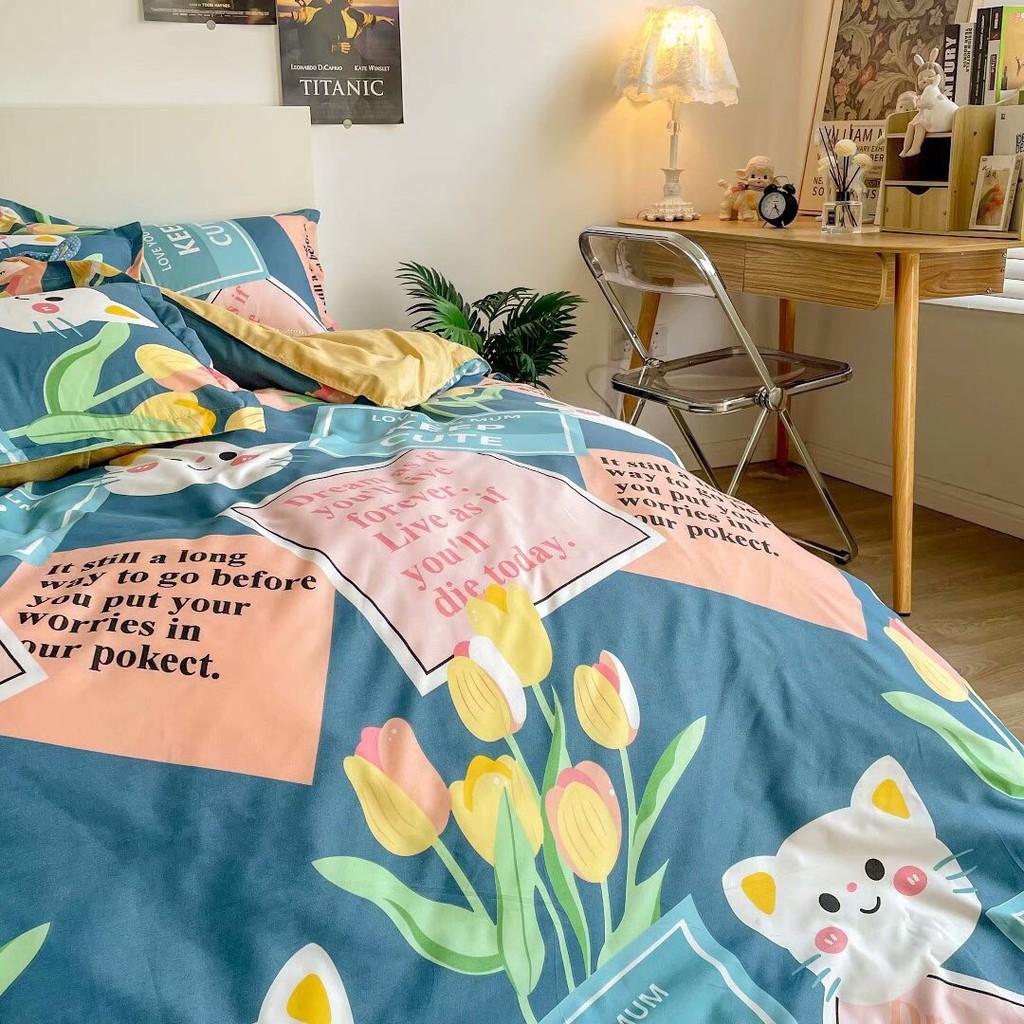 Bộ chăn ga gối Cotton Poly M2T bedding Mèo hoa, vỏ chăn mền, drap giường và 2 vỏ gối