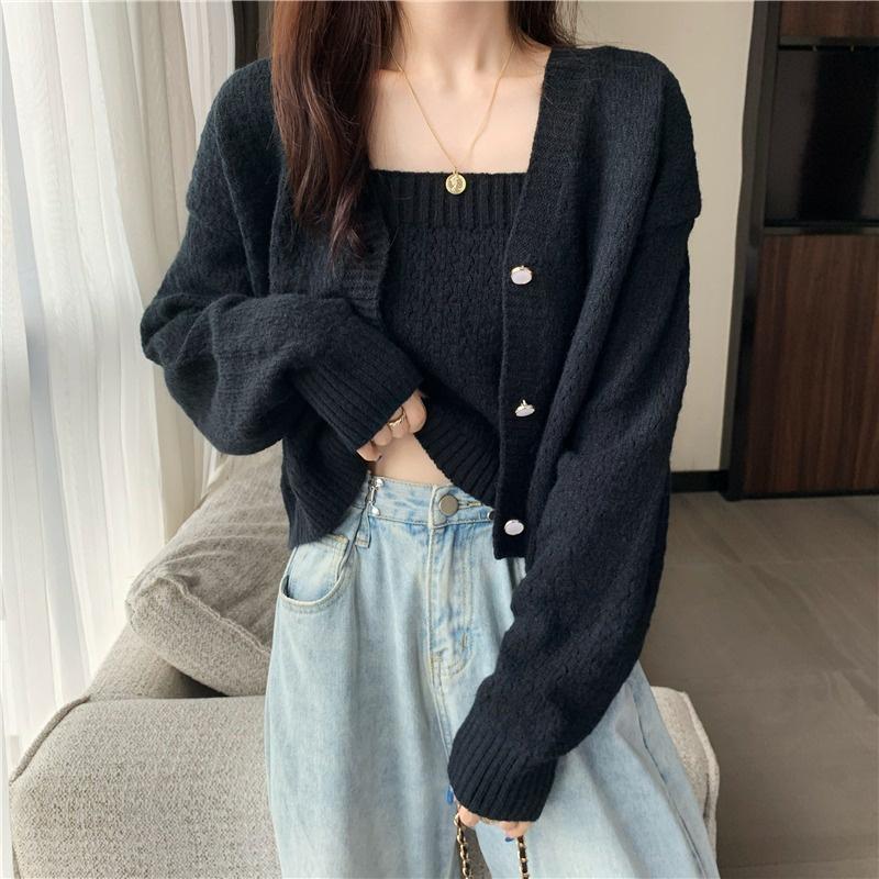 Áo khoác cardigan nữ set 2 chi tiết kèm áo hai dây len dệt kim nữ dài tay dáng ngắn ulzzang phong cách Hàn Quốc C-9