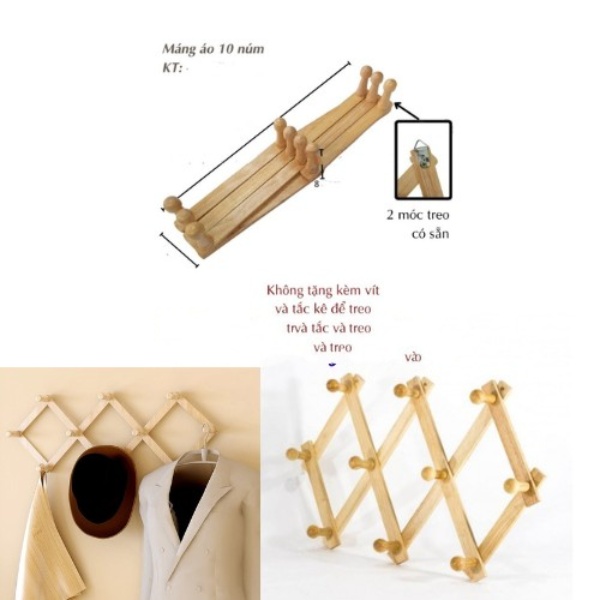 Móc xếp treo quần áo nón bảo hiểm chắc chắn phi 23/Móc áo gỗ 10 núm