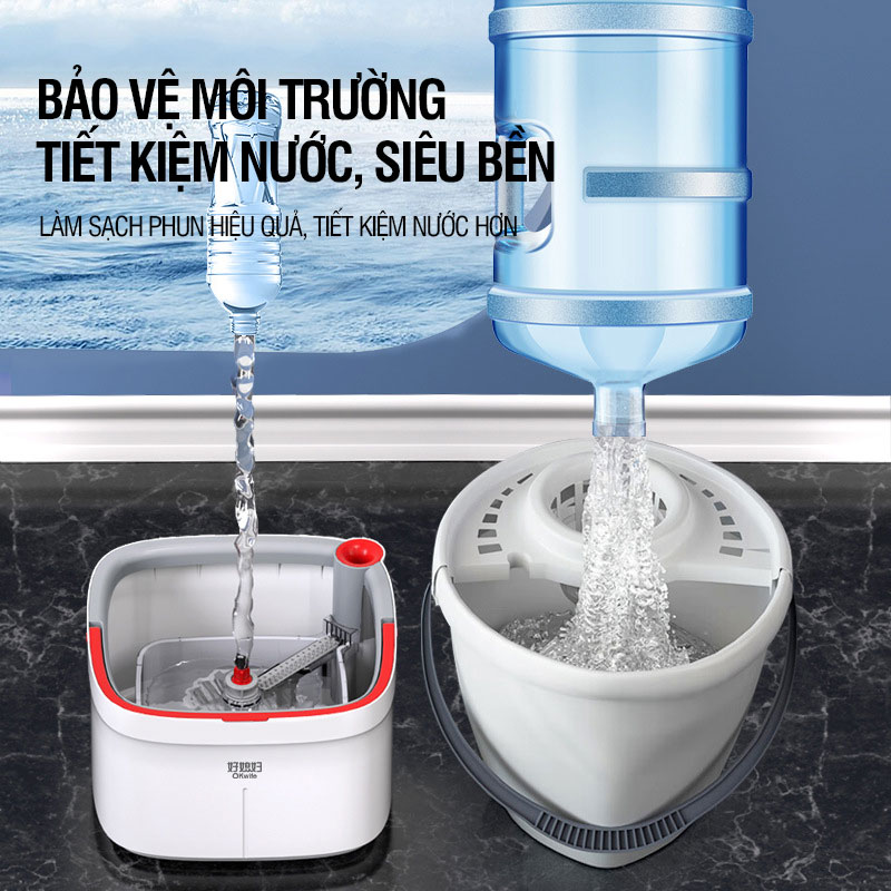 Bộ lau nhà tách nước bẩn OKwife Sunny Mop có thùng lau nhà tự vắt 2 ngăn riêng biệt, cây lau nhà 360 độ lau sàn làm sạch, bảo hành 12 tháng, 2 bông lau