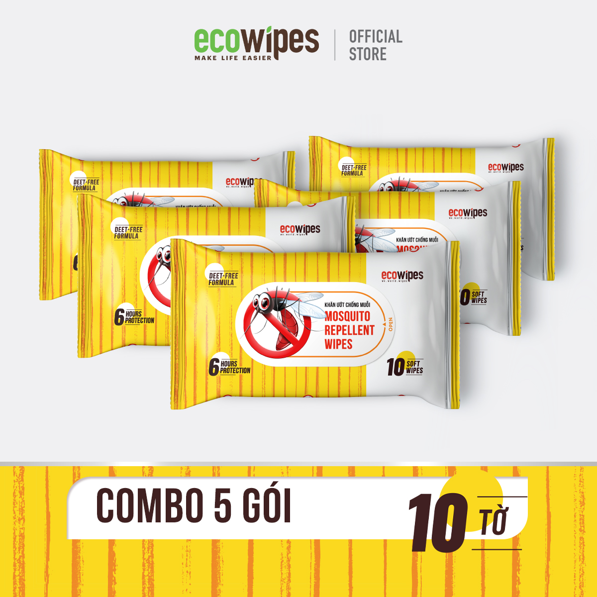 Combo 05 khăn giấy ướt chống muỗi Ecowipes - Mosquito Repellent Wipes an toàn cho bé từ 6 tháng tuổi thay thế tinh dầu đuổi muỗi đến 6h