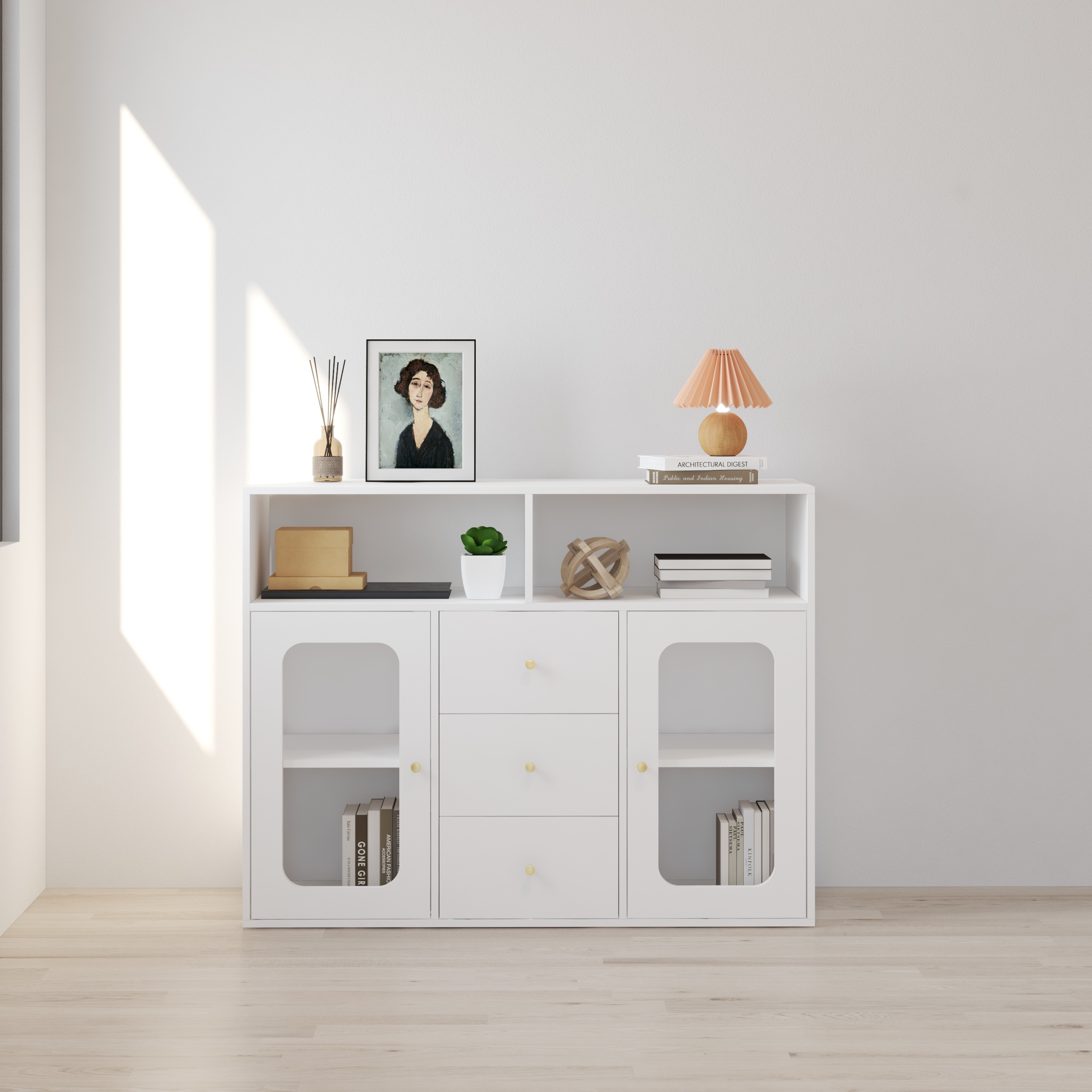 HAPPY FURNITURE , Tủ lưu trữ 2 cửa kính 3 ngăn kéo - NOAH , TLT_065 , 130cm x 45cm x 100cm DxRxC