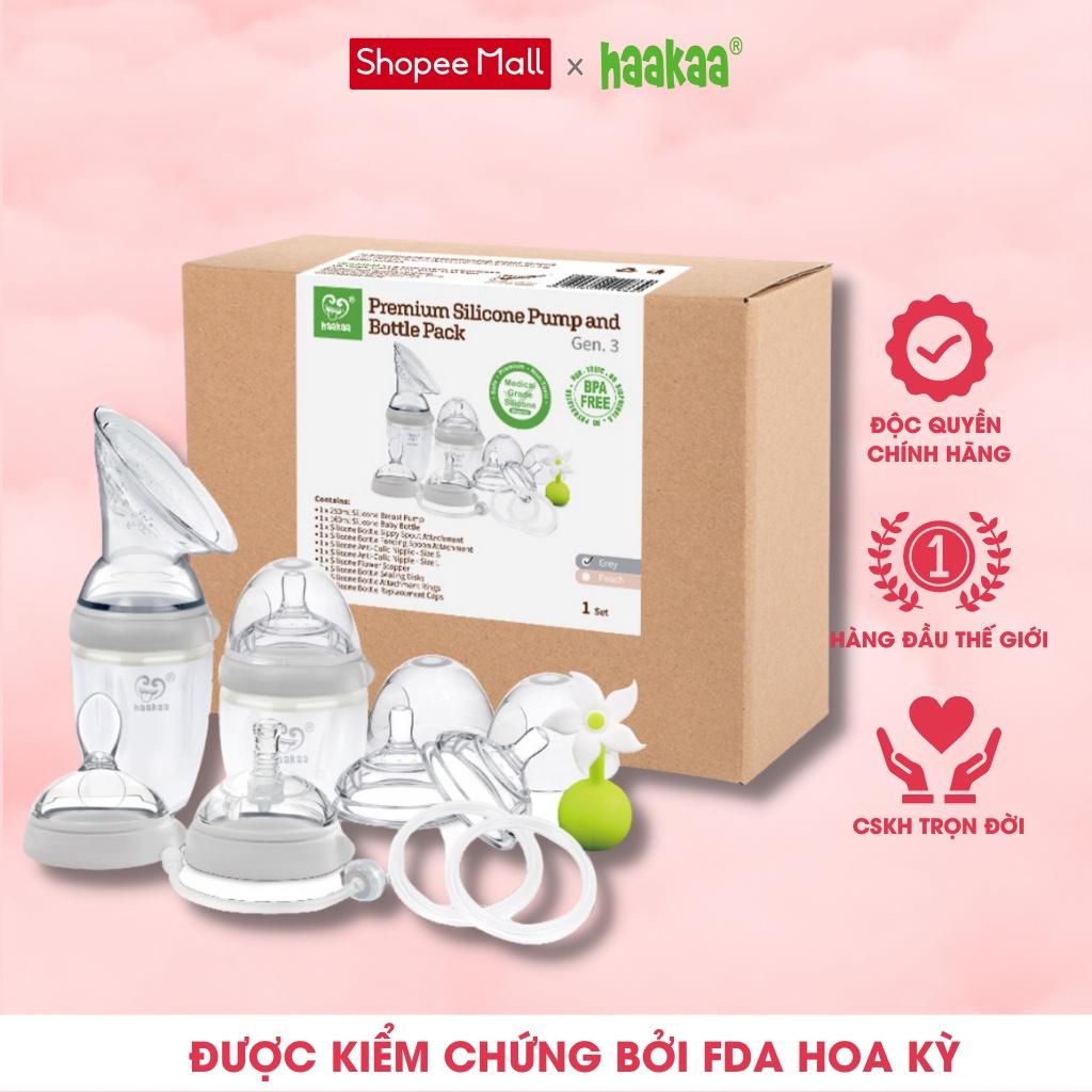 Bộ sản phẩm bình sữa, cốc hứng sữa và phụ kiện cao cấp silicone Gen 3, Haakaa