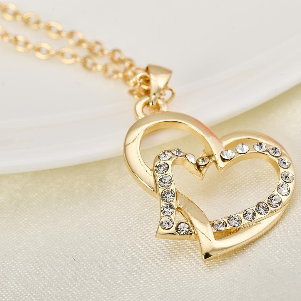 New Bridal Double Heart pendant Crystal Necklace Clavicle Chain Jewelry Gold