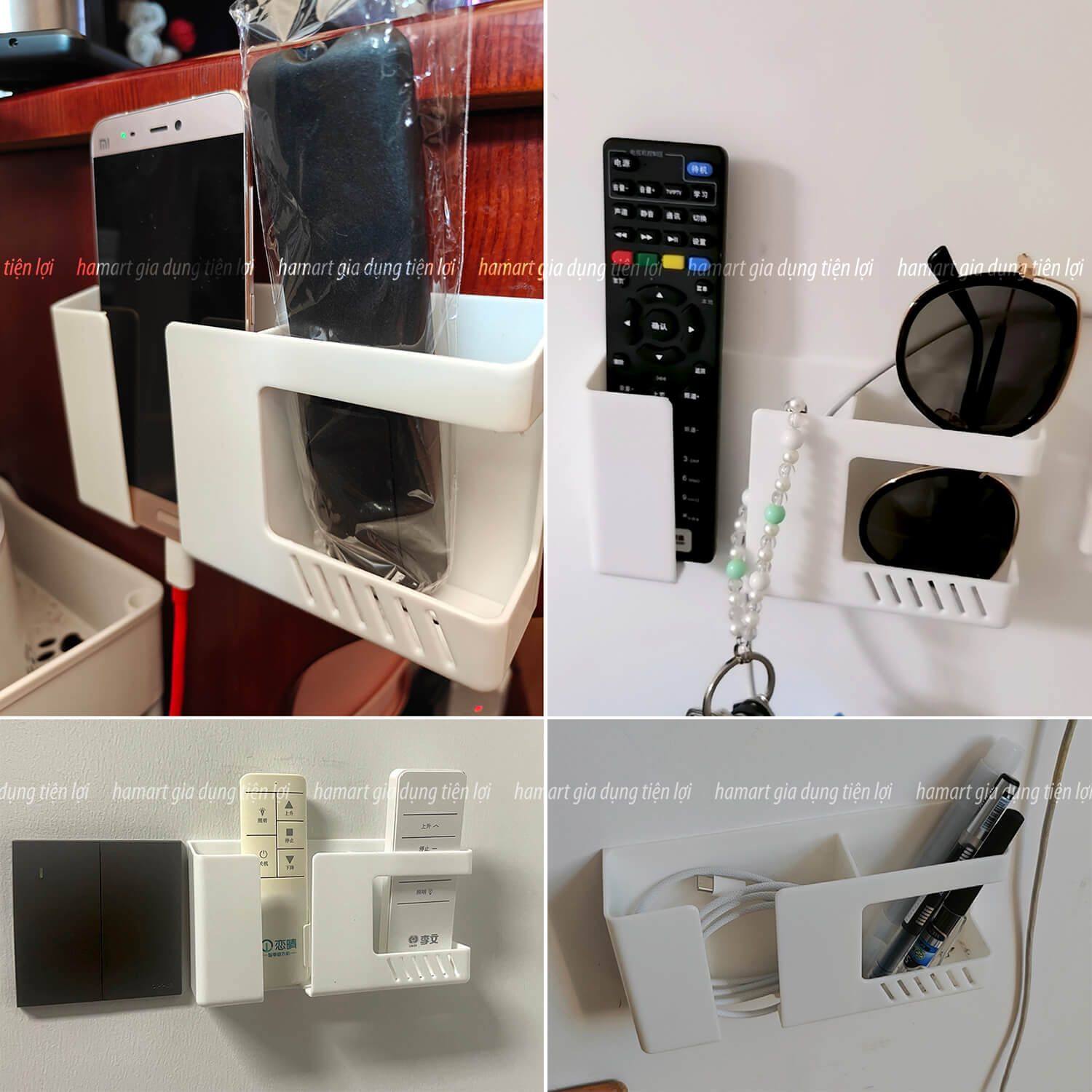 Kệ Để Điện Thoại Đỡ Remote Điều Khiển Dán Tường 2 Ngăn Đựng Bút Kính Đầu Giường Keo 3M Siêu Dính