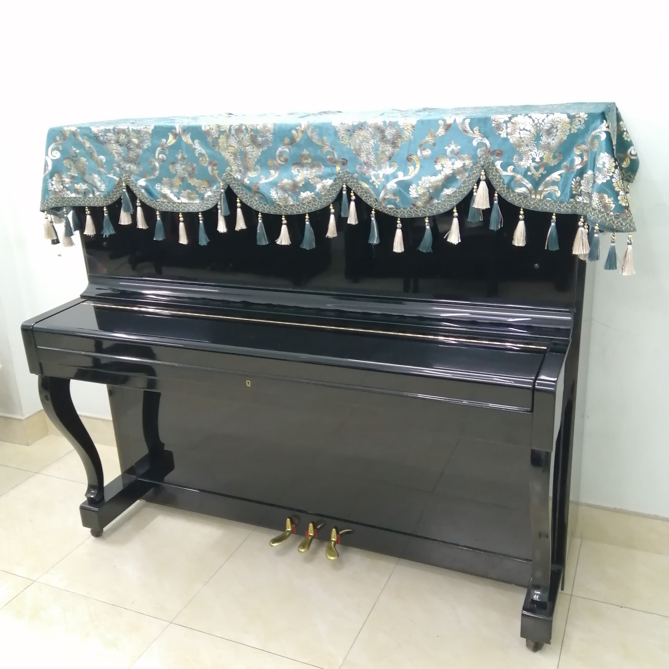 KHĂN PHỦ ĐÀN PIANO CƠ MÀU XANH HOÀNG GIA PHỐI TUA RUA HẠT CHÂU SANG TRỌNG