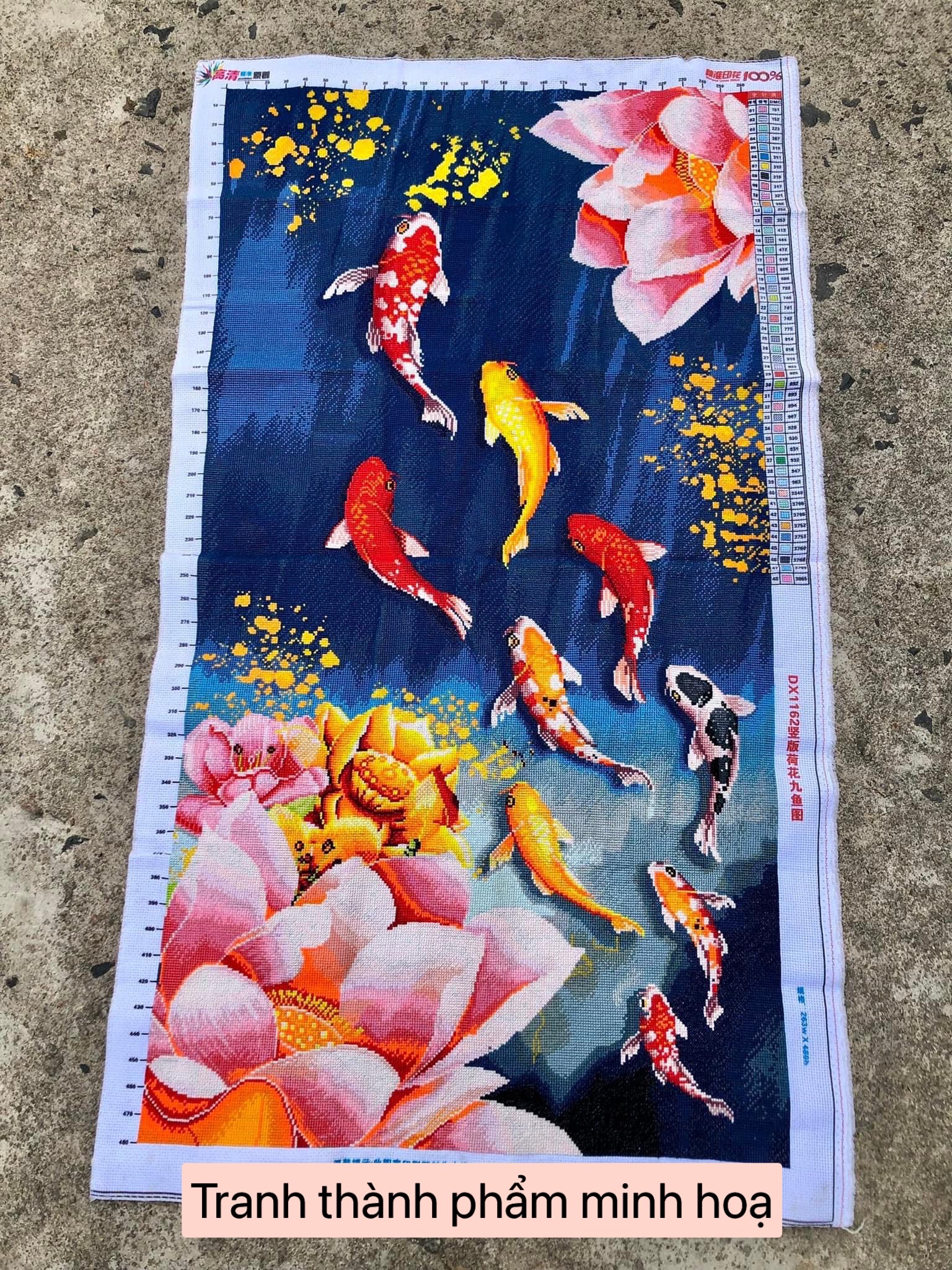Tranh thêu kín chữ thập cửu ngư hoa sen DX1162