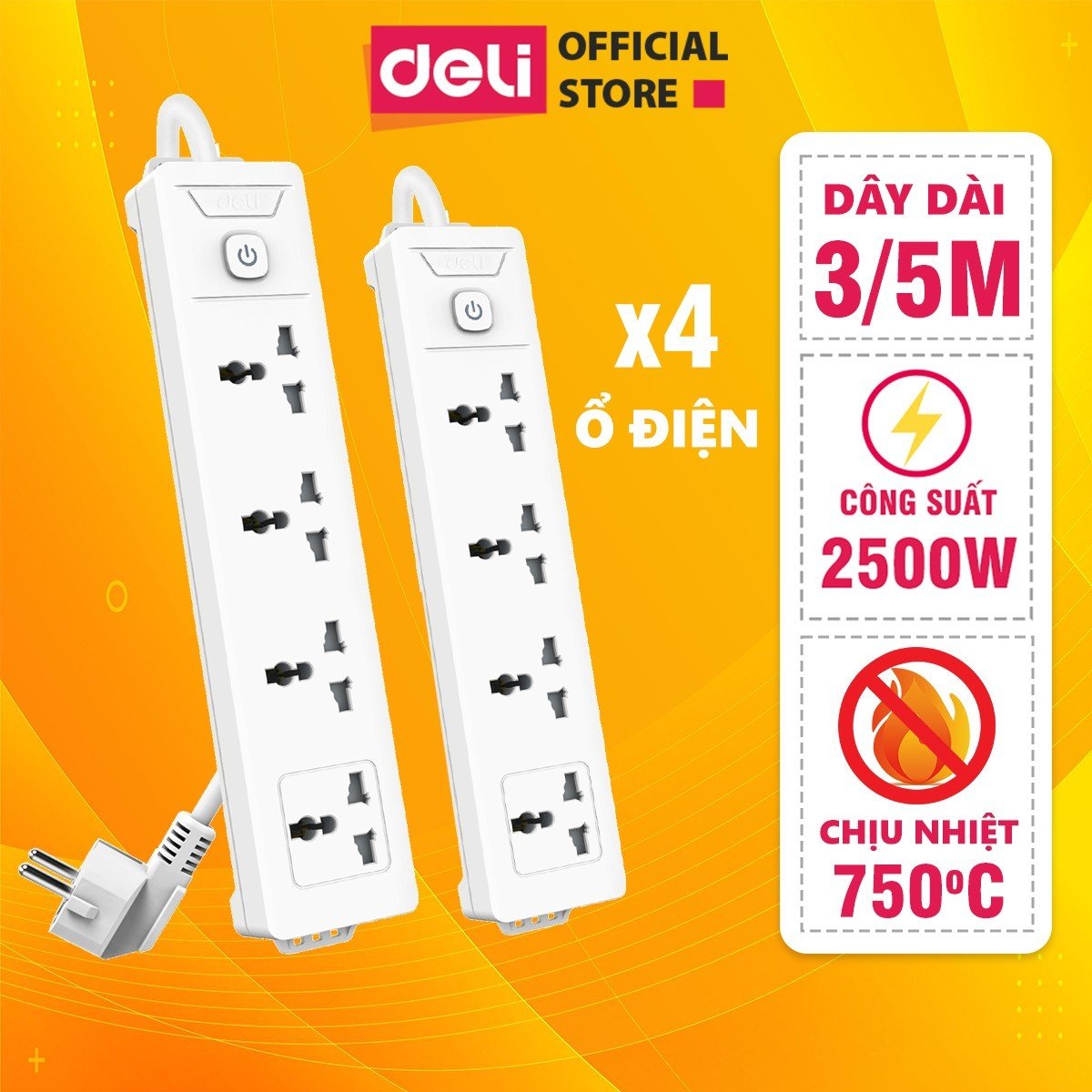 Ổ Cắm Điện Đa Năng Kèm Cổng USB Có Công Tắc Tải 2500W Nắp Chống Giật Chống Cháy Chất Lượng Cao Deli - Dây 2M/3M/5M - ET401 411