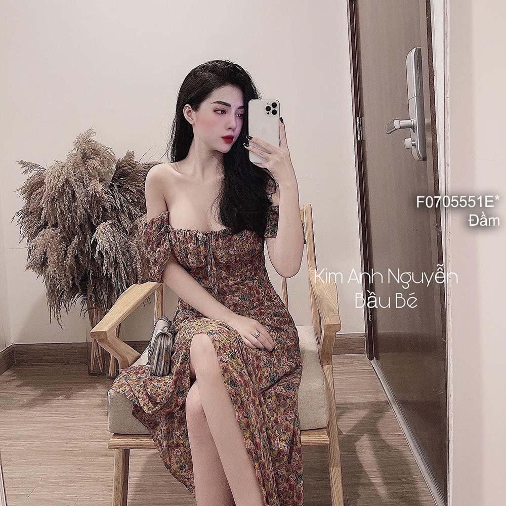 Đầm maxi hoa nhí xẻ tà bẹt vai tay bầu!