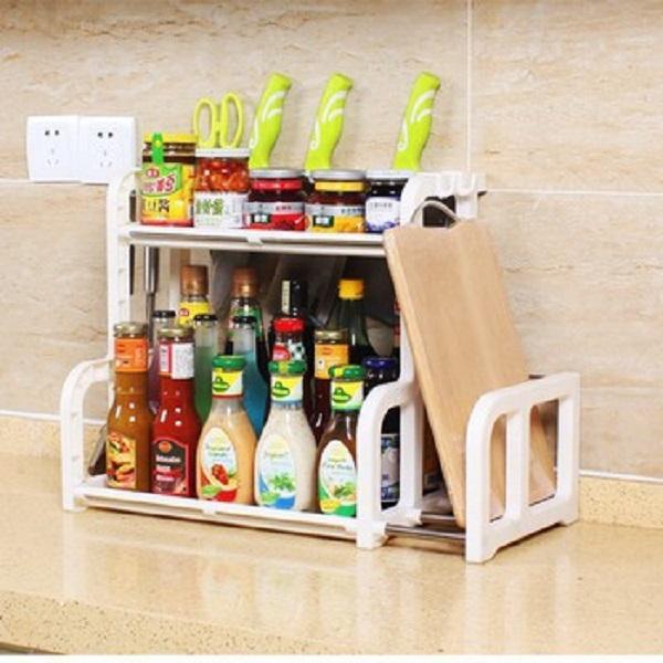 Kệ Đựng Gia Vị Nhà Bếp Bằng Nhựa 2 Tầng Nhỏ Gọn - Tiện Dụng Hình Chữ H Kèm Giá Để Thớt - Miễn Phí Vận Chuyển