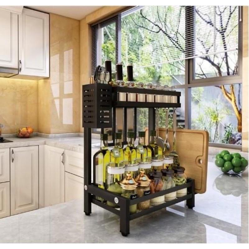 Kệ Gia Vị 2 Tầng Thép Đen Có Chỗ Để Dao Thớt