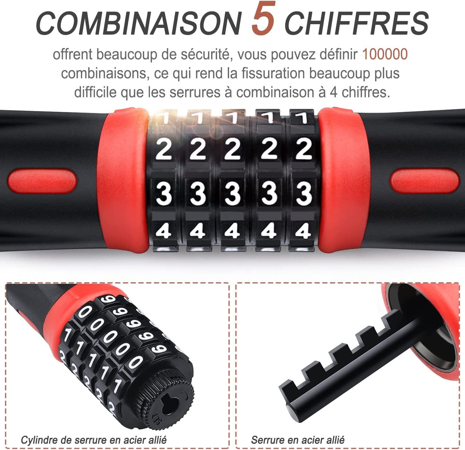 Khóa Xích Mã Xe Đạp, Khóa Xe Đạp 5 Số, Khóa Hợp Kim Kẽm 90cm, Khóa Xích Bảo Mật Cao Cho Xe Đạp, Xe Máy, Xe Scooter - Đỏ